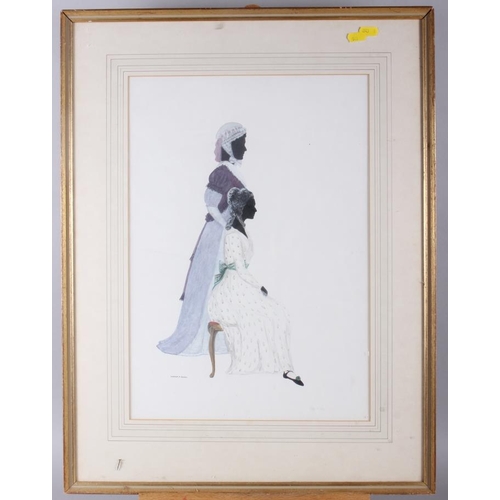 361 - Honoria D Marsh, 1975: a watercolour double portrait silhouette, Mrs Dashwood and her daughter from ... 