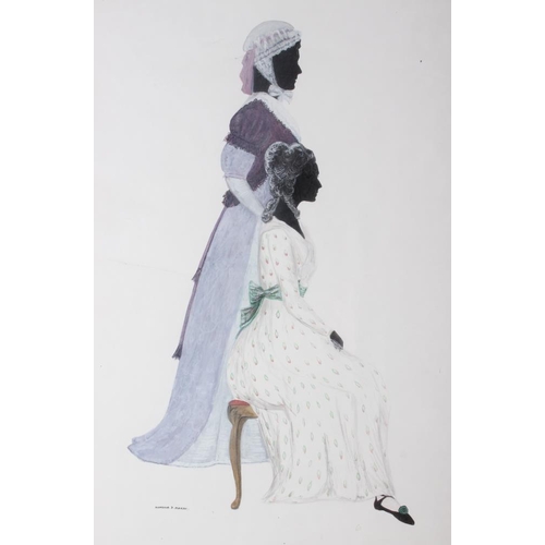 361 - Honoria D Marsh, 1975: a watercolour double portrait silhouette, Mrs Dashwood and her daughter from ... 