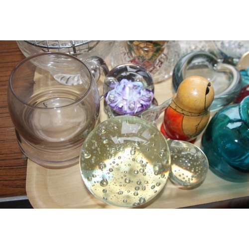 52 - A Mdina glass scent bottle, four glass paperweights, other glass, various, and two Russian nesting d... 