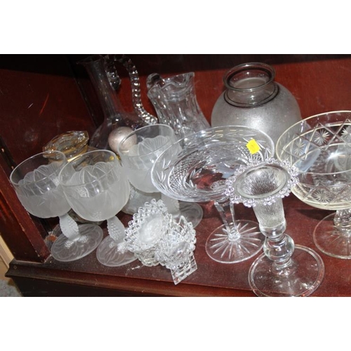 91 - Three opaque glass wines, a pair of candlesticks, glass salts, jugs and other items