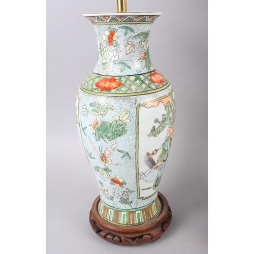 99 - A Chinese famille vert baluster lamp, 17 1/4