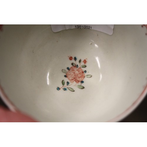 45 - An 18th century English porcelain tea bowl, decorated insects and flowers, a Ridgeway jug with flora... 