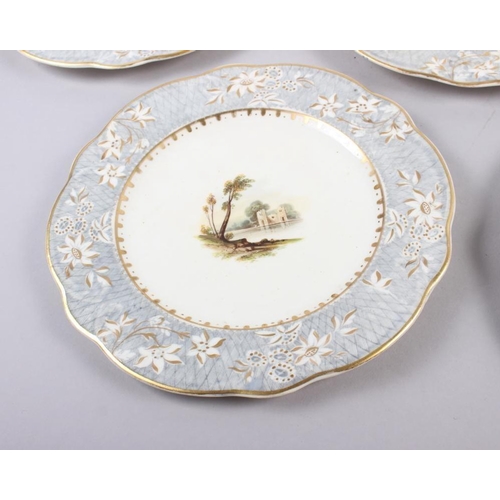 1 - A Rockingham porcelain part dessert service, comprising six plates and two dessert dishes with grey ... 