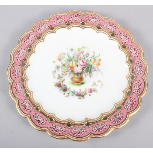 9 - Six 19th century bone china plates, decorated with baskets of flowers and fruit with pink and gilt b... 