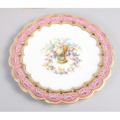 9 - Six 19th century bone china plates, decorated with baskets of flowers and fruit with pink and gilt b... 