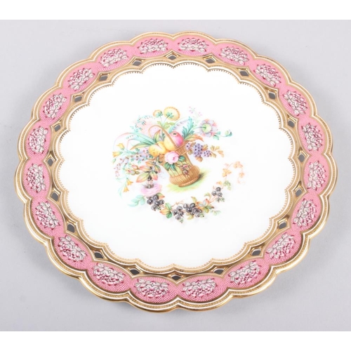 9 - Six 19th century bone china plates, decorated with baskets of flowers and fruit with pink and gilt b... 