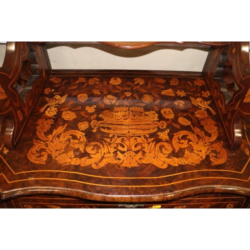 302 - An 18th century Dutch walnut and marquetry bombe commode with open shelves over three drawers and la... 