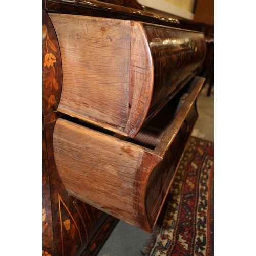 302 - An 18th century Dutch walnut and marquetry bombe commode with open shelves over three drawers and la... 