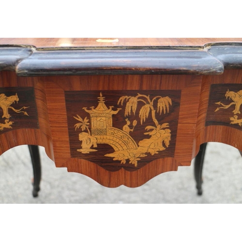 303 - A 19th century Italian rosewood Chinoiserie  inlaid and kingwood banded shape top centre table with ... 