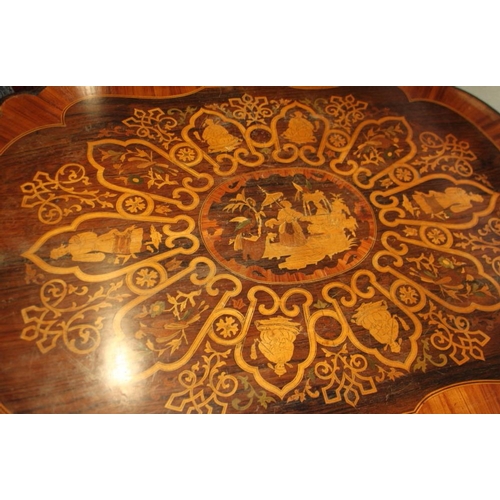 303 - A 19th century Italian rosewood Chinoiserie  inlaid and kingwood banded shape top centre table with ... 