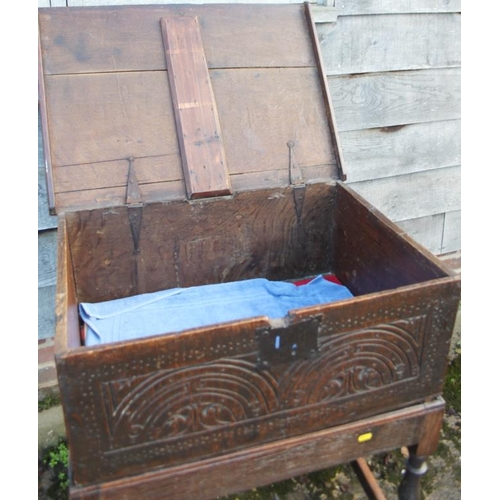 314 - A 17th century oak boarded lace box with lunette panel front, on near contemporary stand with turned... 