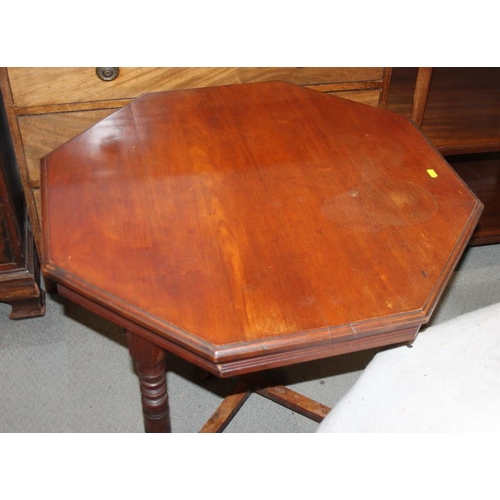 351 - An Edwardian walnut octagonal table, on turned and stretchered supports, supplied by Bowman Bros Cam... 