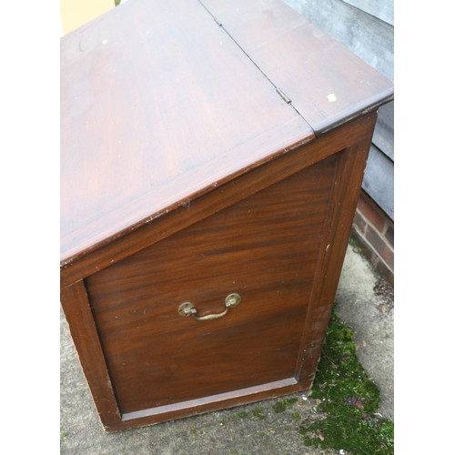 357 - A mahogany slope top blanket box with brass carry handles, 51