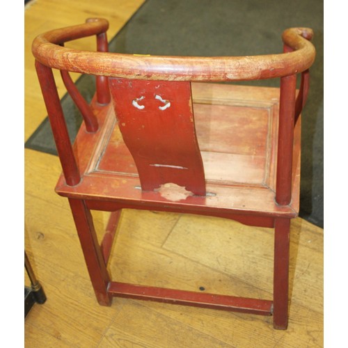 367 - A Chinese carved hardwood and red lacquered open armchair, on square stretchered supports
COLLECT