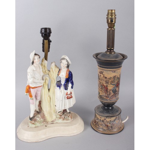 36 - A Staffordshire figure group table lamp, in the form of two harvesters, 17