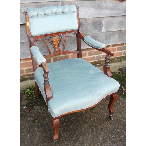 315 - Three late 19th century mahogany and inlaid splat back salon chairs with upholstered top rails, on t... 