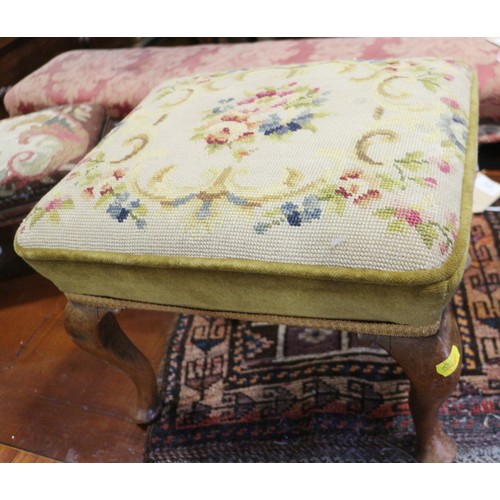 371 - A mahogany piano stool with adjustable seat, upholstered in a sage velour and needlepoint, on splay ... 