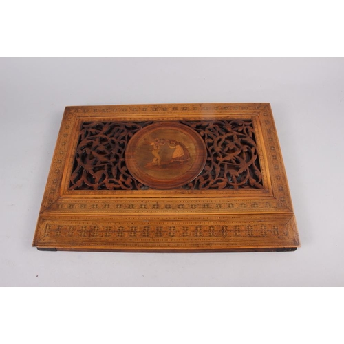 112 - A 19th century Swiss walnut marquetry and parquetry banded adjustable music stand with pull-out slid... 