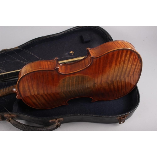 137 - A violin with two-piece back and a bow, 22 3/4