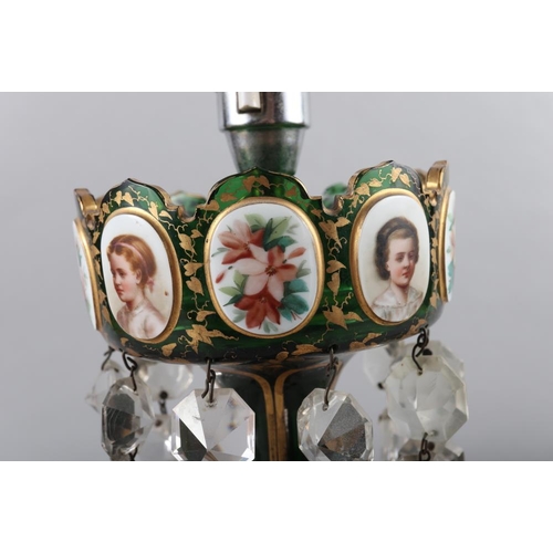 154 - A 19th century green overlaid and enamelled glass table lustre with prismatic drops, now converted a... 