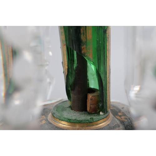 154 - A 19th century green overlaid and enamelled glass table lustre with prismatic drops, now converted a... 