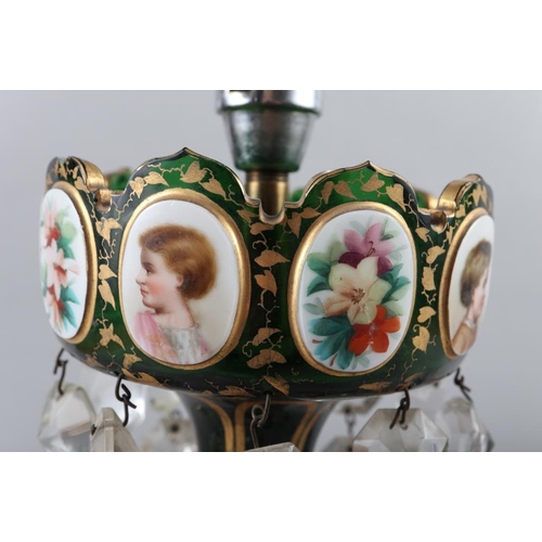 154 - A 19th century green overlaid and enamelled glass table lustre with prismatic drops, now converted a... 