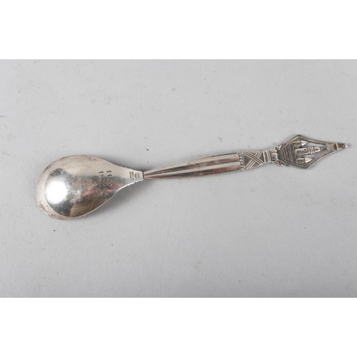 196 - A Georg Jensen silver commemorative spoon with architectural finial, 1oz troy approx