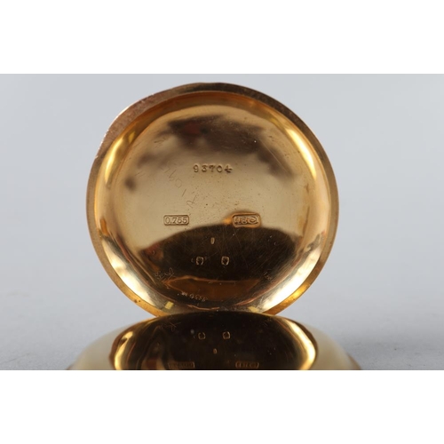 226 - An 18ct gold cased open faced pocket watch with white enamel dial, Roman numerals and subsidiary sec... 