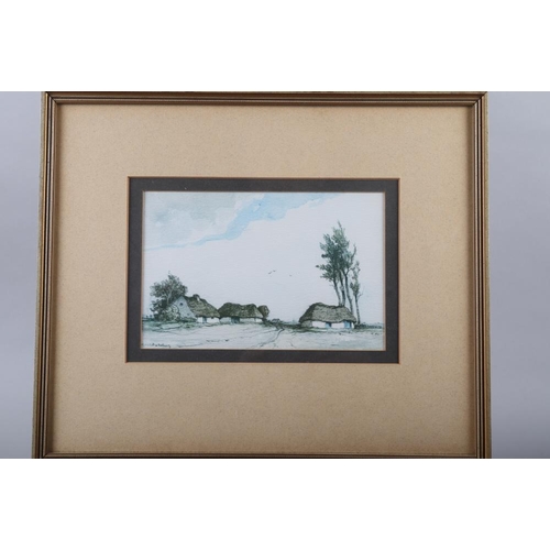 263 - A set of four colour prints, thatched cottages, in gilt frames, and E M Wright, a watercolour, 