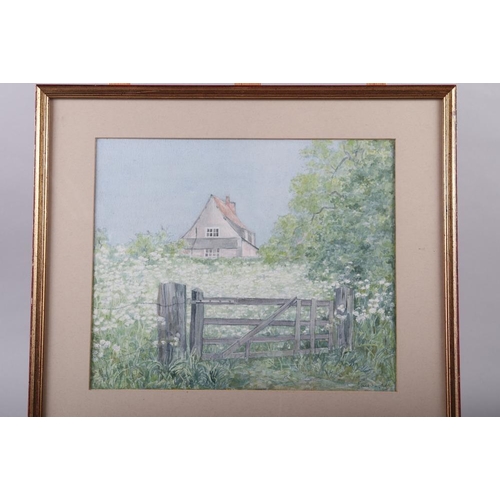 263 - A set of four colour prints, thatched cottages, in gilt frames, and E M Wright, a watercolour, 