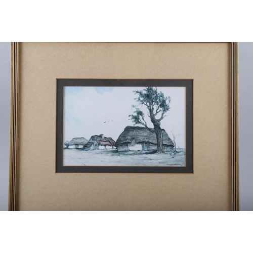 263 - A set of four colour prints, thatched cottages, in gilt frames, and E M Wright, a watercolour, 