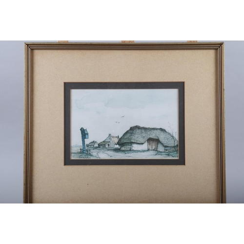 263 - A set of four colour prints, thatched cottages, in gilt frames, and E M Wright, a watercolour, 