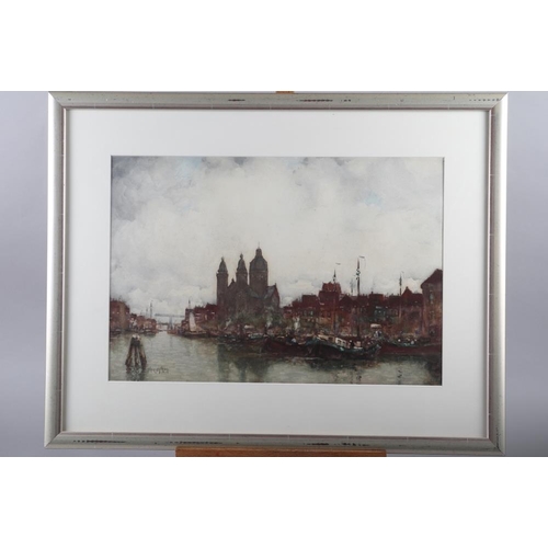 279 - John Aitken: watercolours, Continental/Dutch port scene, 13 1/2