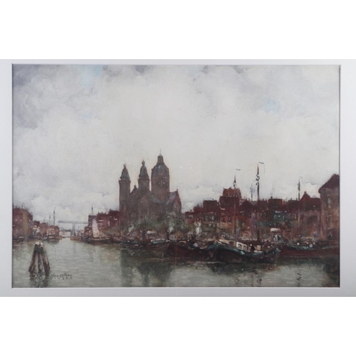 279 - John Aitken: watercolours, Continental/Dutch port scene, 13 1/2