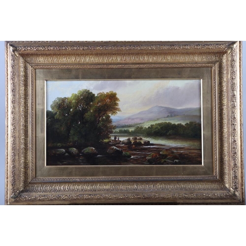 292 - A mid 19th century oil on canvas landscape, figures by a river with distant mountains, 9 3/4