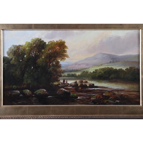 292 - A mid 19th century oil on canvas landscape, figures by a river with distant mountains, 9 3/4