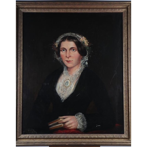 295 - A pair of mid 19th century oil on canvas portraits of lady and gentleman, 29 1/2