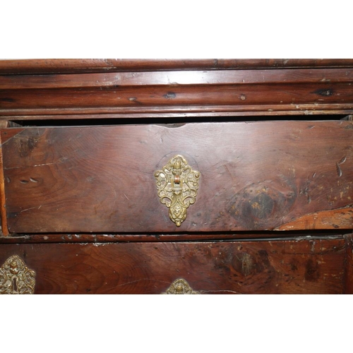 301 - An early 18th century provincial yew wood chest of two short and three long drawers with embossed br... 