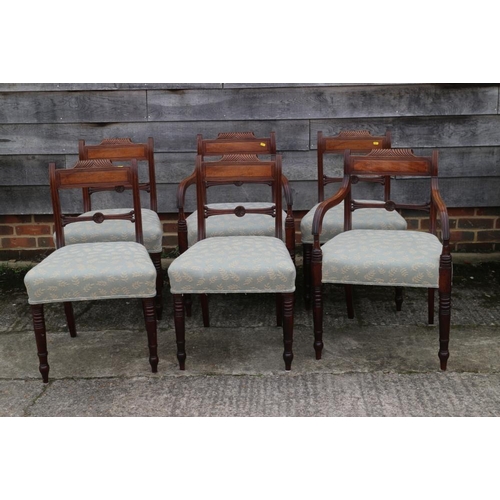 350 - A set of six late 19th century carved bar back dining chairs with stuffed over seats upholstered in ... 