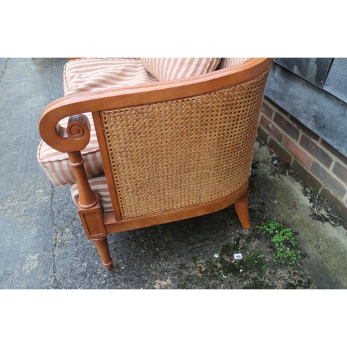 376 - A pair of polished as walnut French Regency design showframe armchairs, upholstered in a striped fab... 