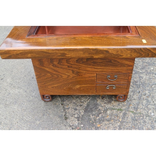 399 - A Korean brazier table/hibachi with later plate glass top, fitted two drawers, on scroll feet, 26