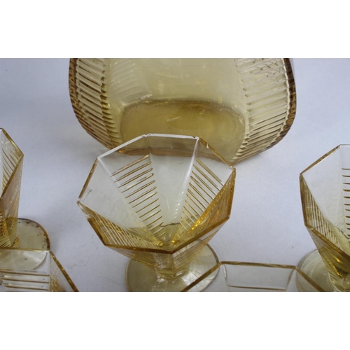 45 - An Art Deco yellow glass liqueur set of five glasses (chips), a 19th century glass centrepiece, 7 1/... 