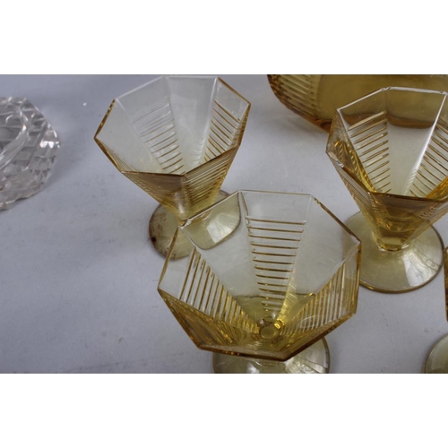 45 - An Art Deco yellow glass liqueur set of five glasses (chips), a 19th century glass centrepiece, 7 1/... 