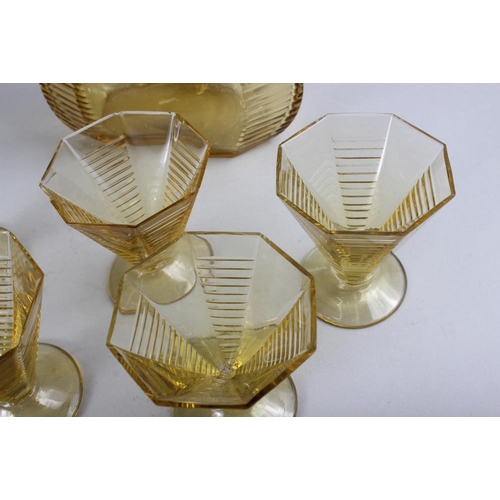 45 - An Art Deco yellow glass liqueur set of five glasses (chips), a 19th century glass centrepiece, 7 1/... 