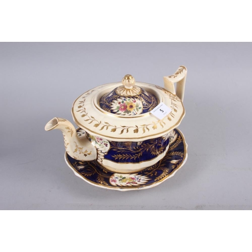 5 - A mid 19th century teapot and stand with floral panel decoration on a blue ground, another teapot an... 