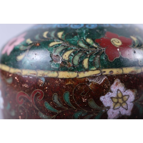 73 - A pair of cloisonne enamel vases with Phoenix and insects on an aventurine ground, 7