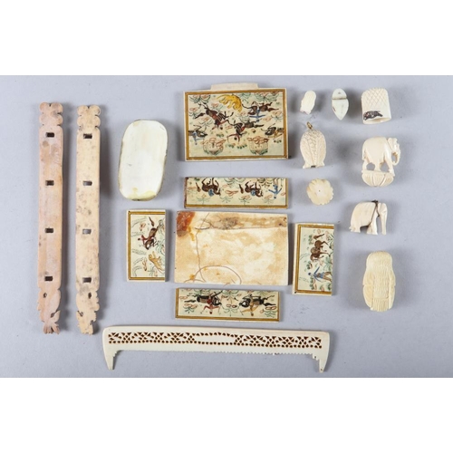 80 - A Chinese ivory box, decorated animals and figures (for restoration), two miniature ivory model elep... 