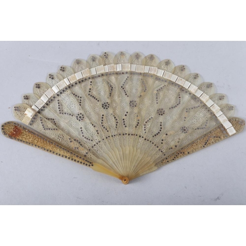 82 - A late 19th century ivory fan with bluebird sequinwork design, and five other fans