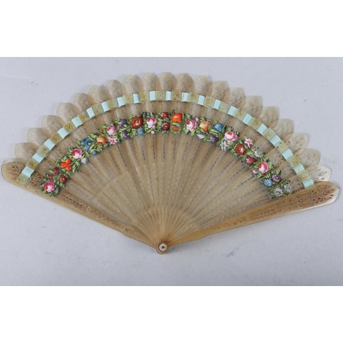 82 - A late 19th century ivory fan with bluebird sequinwork design, and five other fans