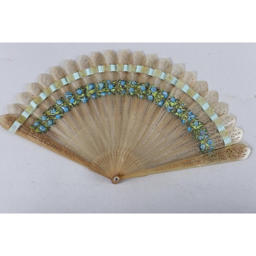 82 - A late 19th century ivory fan with bluebird sequinwork design, and five other fans